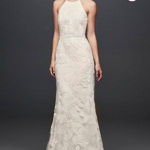 Sequin Leaf-Appliqued High Neck Sheath Gown